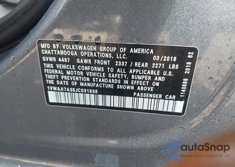 2018 Volkswagen Passat 2.0T R-Line/2.0T S из США, поврежденный, VIN 1VWAA7A35JC031938